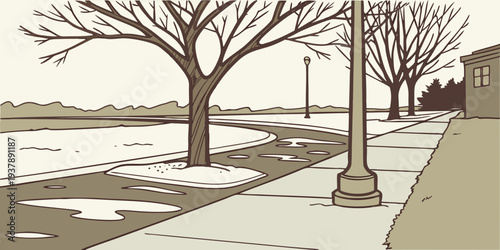 A snowy sidewalk with trees and a streetlight Vector