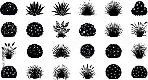 Garden bush and ornamental plant silhouette collection set, decorative shrub and grass shapes for landscaping design, botanical vector elements isolated on white background