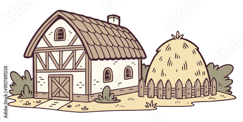 A house and a haystack in a rural setting Vector