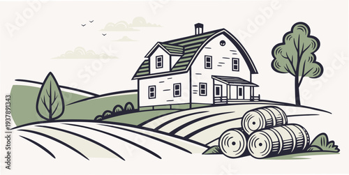 A white house with a green roof and a tractor in the field Vector