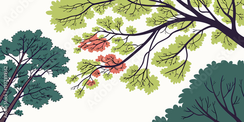 A tree branch with green and red leaves on a white background Vector