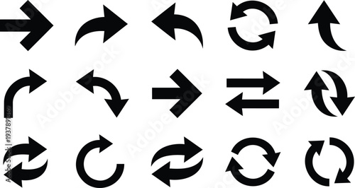 Set of 12 black direction arrows pointing various ways flat design vector illustration