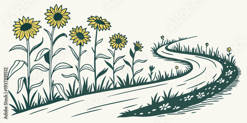 A winding road lined with sunflowers on a sunny day Vector