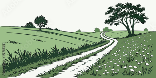 A winding dirt road through a green landscape Vector