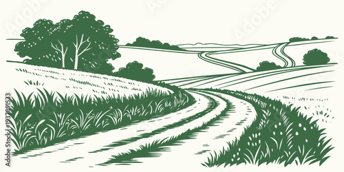 A green and white drawing of a rural landscape with a winding road Vector