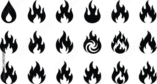 Set of dynamic fire flames in black and white vector illustration flat design