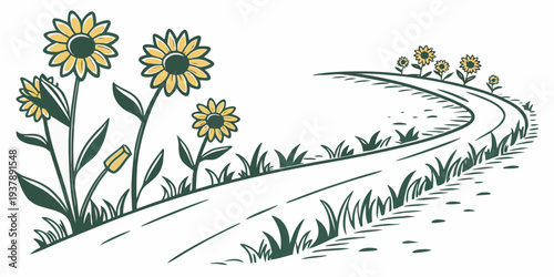 A drawing of sunflowers on the side of a dirt road Vector
