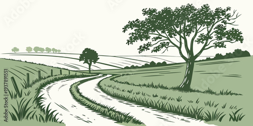 A green landscape with a winding road and trees Vector
