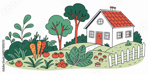 A white house with a garden and trees Vector