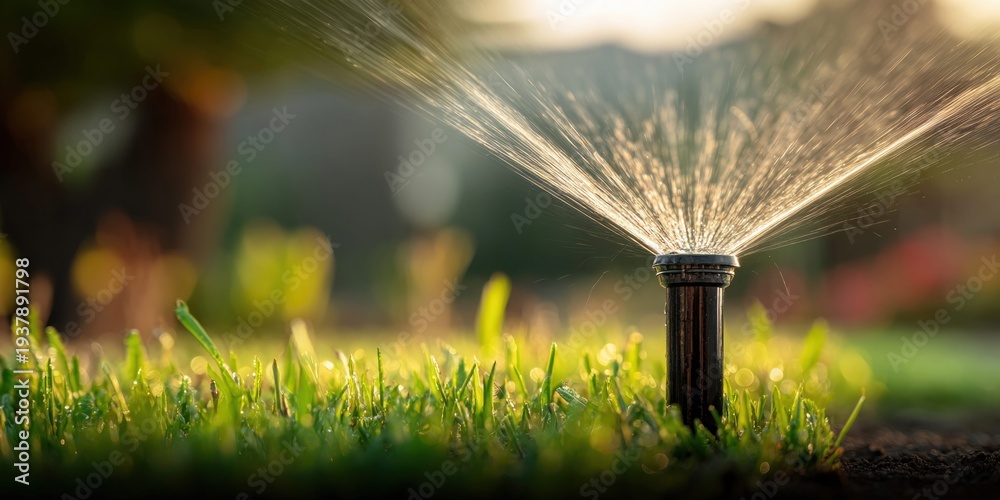 Fototapeta premium Automated sprinkler system watering lush green grass with sparkling water droplets at sunrise