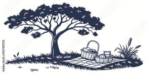 A tree and a chair in a serene outdoor setting Vector