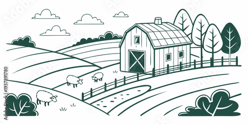 A green line drawing of a house on a farm Vector
