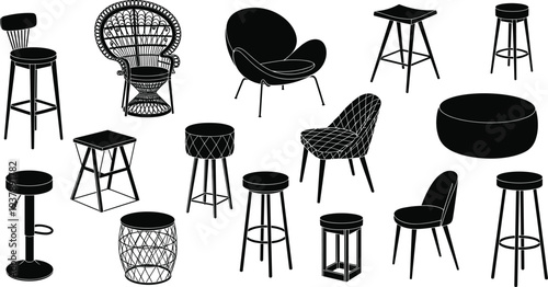 Modern chair silhouettes, bar stools, armchairs, ottomans, side chairs, interior furniture icons, minimalist seating vector, home decor elements, black design set