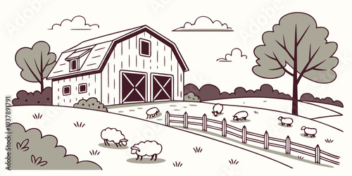 A rustic barn with a fenced yard and trees Vector