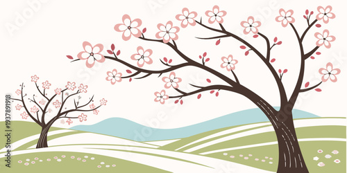 A serene landscape with cherry blossoms in bloom Vector