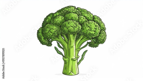 Cartoon-style illustration of a fresh, green broccoli head on a white background