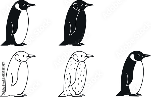 Penguin silhouette and outline icon collection isolated vector set of cute Antarctic birds for wildlife design education illustration and animal symbol
