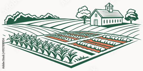 A farm with a house and fields of crops Vector