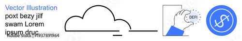 Cloud computing, fintech, blockchain, decentralized finance, digital assets, cryptocurrency. A cloud shape, a hand holding DeFi and a cryptocurrency symbol. Cloud computing and fintech