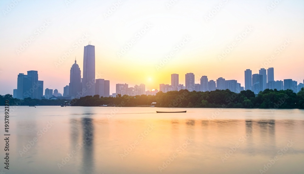 Fototapeta premium Serene Cityscape Reflection at Sunrise over Calm Lake Waters offering Tranquil Urban Living.