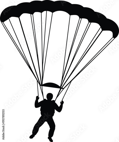 Black silhouette of a skydiver falling through the air with an open parachute for extreme sports adventure, skydiving hobby, and military paratrooper concepts