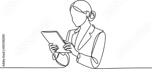 Continuous one line drawing of a businesswoman looking at the tablet computer. Hand drawn style line drawing for technology and business model and concep. Editable stroke