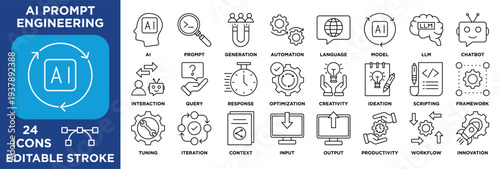 AI Prompt Engineering icon set featuring prompt engineering, ai, prompt, instruction, generation, automation, language, model. vector black