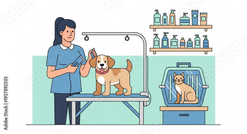 Woman Grooms Dog in Bright Salon with Table and Dryer