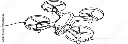 Continuous one line drawing of flying drone illustration. Drone aircraft single outline vector design Editable stroke