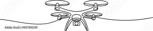 Continuous one line drawing of flying drone illustration. Drone aircraft single outline vector design Editable stroke