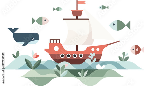 Vibrant illustration of a red pirate ship sailing through the ocean surrounded by marine life and sea creatures from a bird's eye view