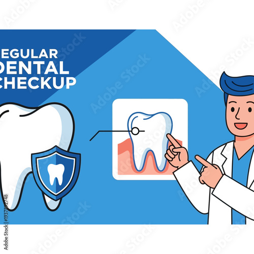 Dentist Points Tooth in Graphic to Promote Regular Checkup