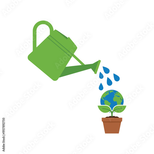 Earth Day vector illustration with watering can nurturing Earth plant in pot, eco-friendly concept