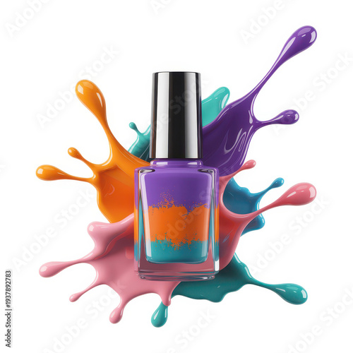 Multicolor nail polish bottle with colorful splashes