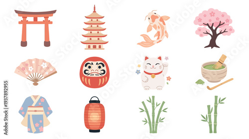 A collection of traditional Japanese cultural icons, including a torii gate, pagoda, koi fish, cherry blossom tree, fan, daruma doll, maneki-neko, and matcha tea set.
