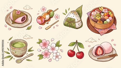 A delightful watercolor illustration showcasing a variety of traditional Japanese sweets and beverages, including mochi, dango, onigiri, and matcha tea, adorned with cherry blossoms and cherries.