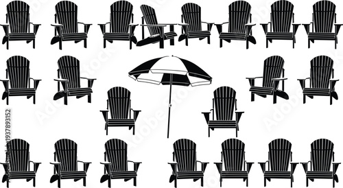 Adirondack Beach Chair Silhouette Vector Set Featuring Wooden Deck Seating and Sun Umbrella for Summer Vacation Travel Outdoor Furniture and Tropical Resort Graphic Design Projects