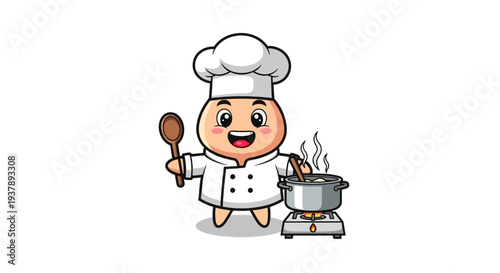 Cartoon chef character cooking with pot.