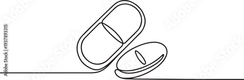 Continuous one line drawing of medical tablet and pill. Medical drugs, pharmacy , health and care line art vector illustration. Editable stroke.