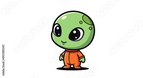 Smiling green cartoon alien character.
