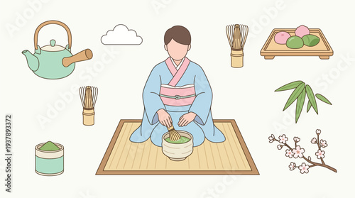 A serene Japanese tea ceremony scene featuring a person in a kimono preparing matcha tea with traditional utensils and sweets.