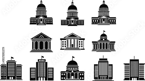 Government Building and Municipal Architecture Icon Set Featuring Silhouette Vector Graphics of Capitols Courthouses City Halls and Office Skyscrapers for Civic and Legal Design