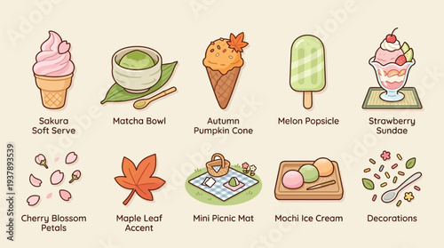 A charming collection of Japanese-inspired desserts and seasonal accents, featuring soft serve, matcha, ice cream cones, popsicles, sundaes, mochi, and picnic elements.
