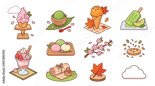 A charming collection of Japanese-inspired desserts and treats, featuring ice cream, mochi, and fruit parfaits, with seasonal autumn and spring motifs.