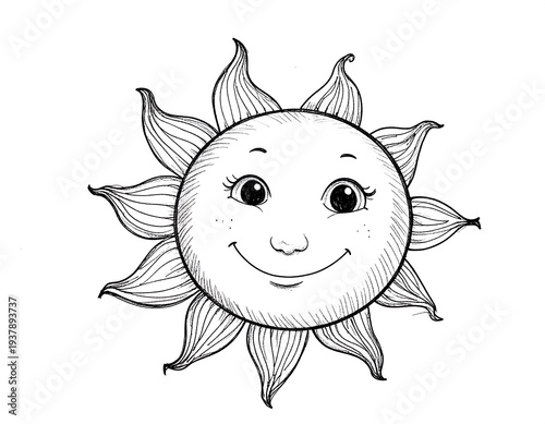 Smiling sun illustration with gentle features, hatch shading and leaf-like rays