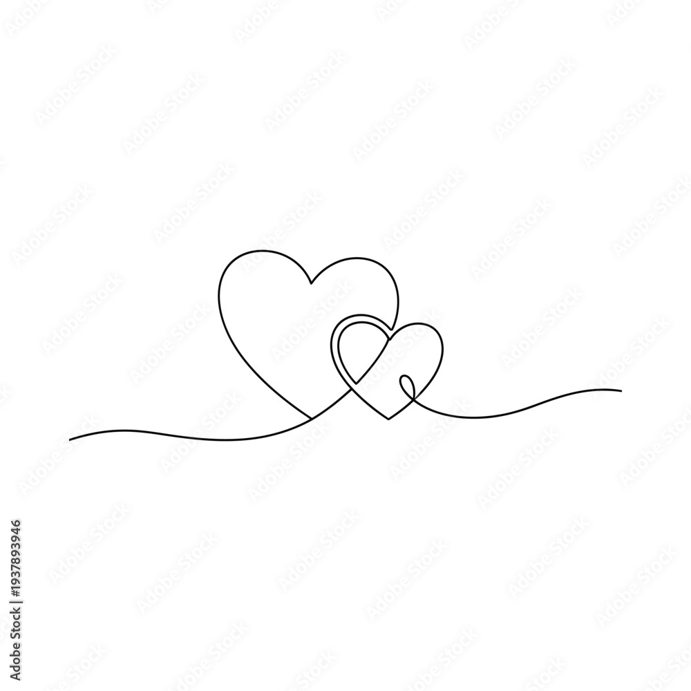 Fototapeta premium Two intertwined hearts drawn in continuous line art style minimalist design with elegant curves symbolizing love and unity on a clean white background
