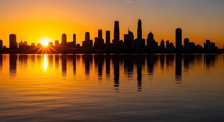City Skyline Silhouette at Sunset over Water.