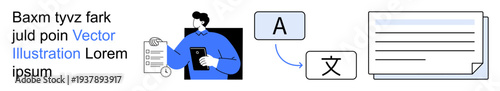 Language tools, communication, documentation, translation services, workflow, global accessibility. A person holding a clipboard with language translation icons. Communication and documentation