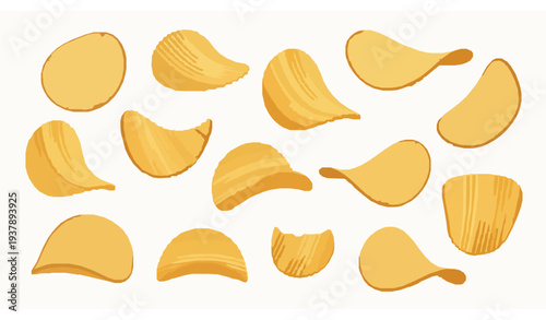 Realistic potato chips vector collection with crispy snack slices isolated on white background