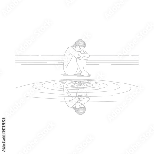 Lonely woman sitting by water contemplative introspective melancholic mood reflection serene background simple lines emotional expression calm atmosphere peaceful scene nature